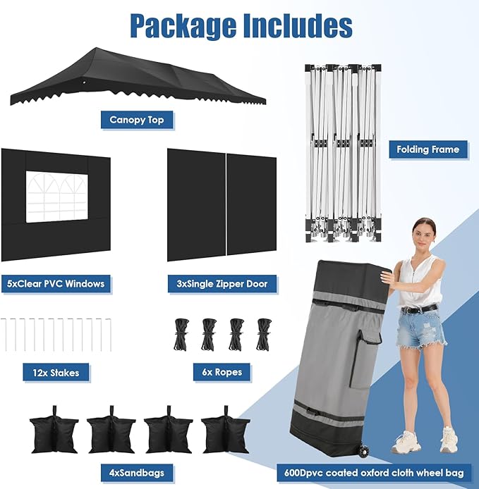 HOTEEL 10x30 Pop Up Canopy with 8 Sidewalls, UV 50+ and Waterproof Party Tent 10×30, Thickened Frame, Large Space Easy Pop Up Canopy, Outdoor Canopy for Weddings, Beaches, Parties, Patio (Black)