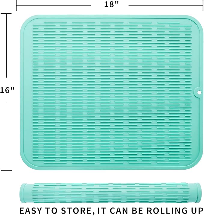 Silicone Dish Drying Mat for Multiple Usage,Easy clean,Eco-friendly,Heat-resistant Silicone Mat for Kitchen Counter or Sink,Refrigerator or Drawer Liner Mint XL 18 inches x 16 inches