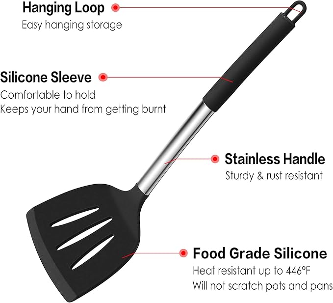 LIANYU 15-Piece Kitchen Cooking Utensils Set with Holder, Silicone Kitchen Tools Stainless Steel Handle, Slotted Spatula Spoon Turner Tong Whisk Brush for Cooking, Black