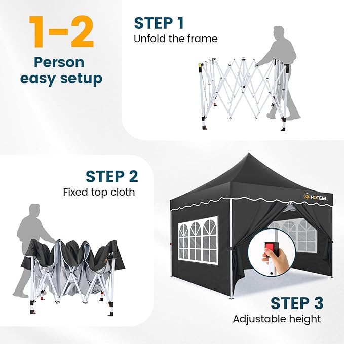 HOTEEL 10×10 Pop Up Canopy with 4 Sidewalls, UV 50+ and Waterproof Canopy Tent 10×10, Thickened Frame, Large Space Easy Pop Up Canopy, Outdoor Canopy for Weddings, Beaches, Parties, Patio (Black)