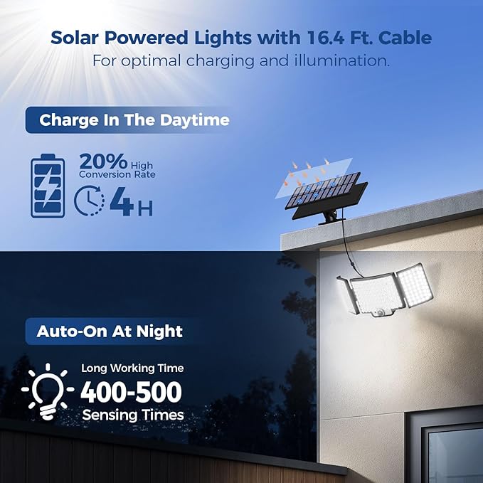 Adiding Outdoor Solar Lights, Bright 212 LEDs Flood Light 270° Wide Angle, Remote Control 3 Modes Motion Sensor Outdoor Lights, Solar Powered Security Light with 16.4 ft Cable for Garage Yard, 1 Pack