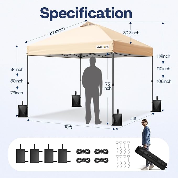 VIVOHOME 10x10ft Pop Up Canopy Tent One Push Setup Outdoor Portable Shelter Tent Heavy Duty with Wheel Carry Bag and 4 Sandbags, Beige