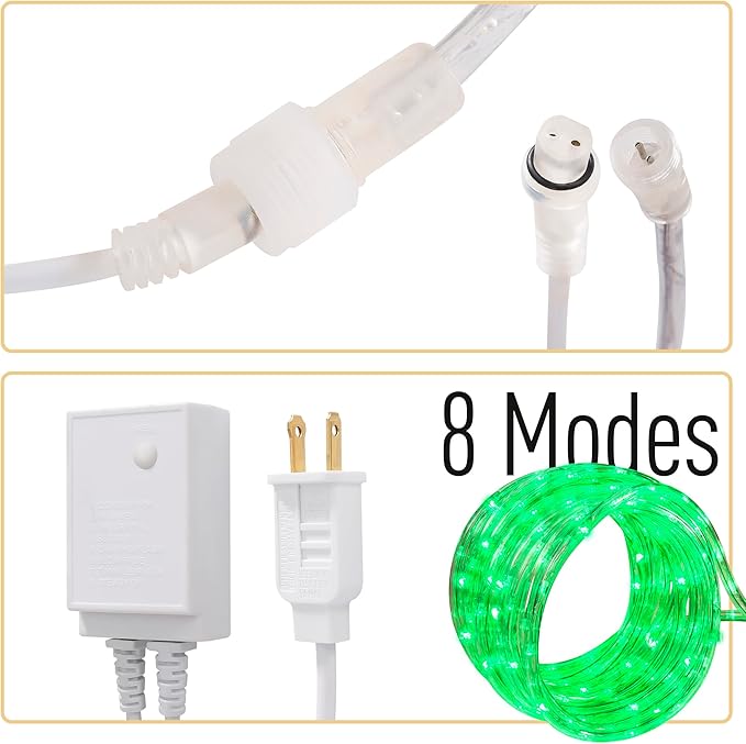 Waterproof LED Rope Lights, Connectable & Flexible with 8 Modes, Outdoor Lighting for Deck, Garden, Pool, Patio & Christmas Decor (Green, 50FT)
