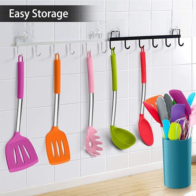 LIANYU 15-Piece Kitchen Cooking Utensils Set with Holder, Silicone Kitchen Tools Stainless Steel Handle, Slotted Spatula Spoon Turner Tong Whisk Brush for Cooking, Colorful