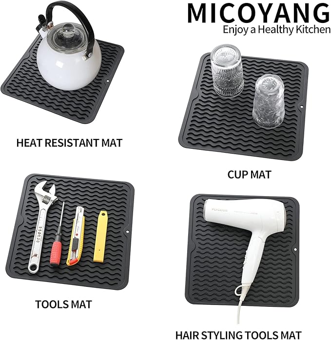 Silicone Dish Drying Mat for Multiple Usage,Easy clean,Eco-friendly,Heat-resistant Silicone Mat for Kitchen Counter or Sink,Refrigerator or Drawer liner Black M 12 inches x 12 inches