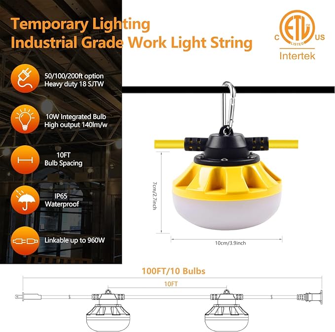 100FT LED Construction String Lights 10 Bulbs,10000LM,Industrial Grade,Weatherproof, Linkable 5000K Super Bright for Job Sites, Mining, Patios & Outdoor Work,Free for Climbing Hook 2Prong