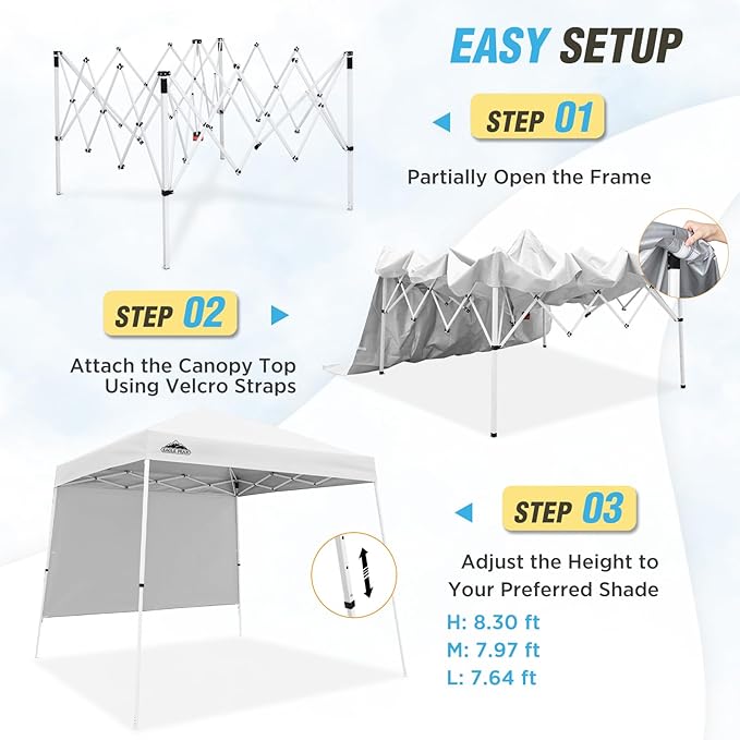 EAGLE PEAK 10x10 Pop Up Canopy Tent with Sidewall, Compact, Portable Slant Leg Instant Sun Shelter for Beach, Sports, & Camping, 10x10 Base 8x8 Top, White