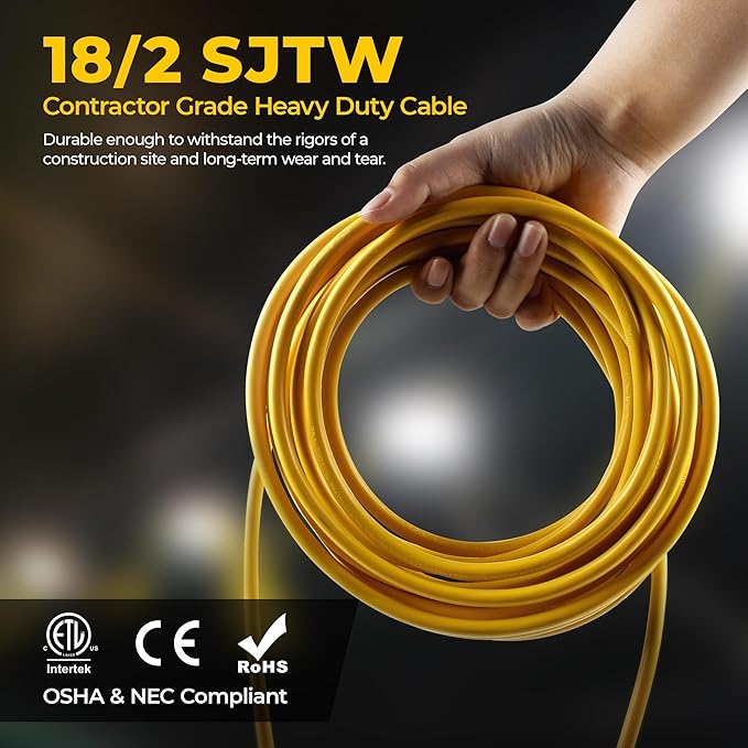 Outdoor Construction LED String Lights with Switch: 50FT 75w 10500lm ETL Certified Super Bright Industrial Temporary Lighting Hanging IP65 Waterproof Work Light for Attic Jobsite Garage