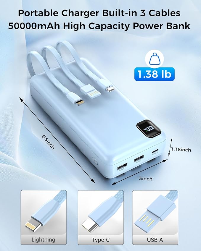 Portable Charger Power Bank 50000mAh Built-in Cables, PD 20W Fast Charging Large Capacity Battery Pack, 5 Output 2 Input LED Display Powerbank Compatible with Phone (Blue)