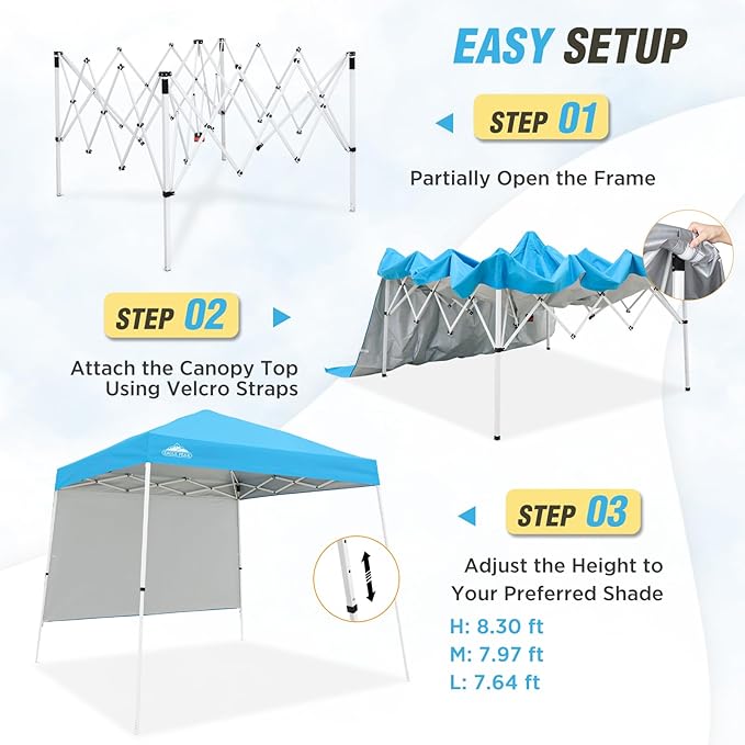 EAGLE PEAK 10x10 Pop Up Canopy Tent with Sidewall, Compact, Portable Slant Leg Instant Sun Shelter for Beach, Sports, & Camping, 10x10 Base 8x8 Top, Light Blue