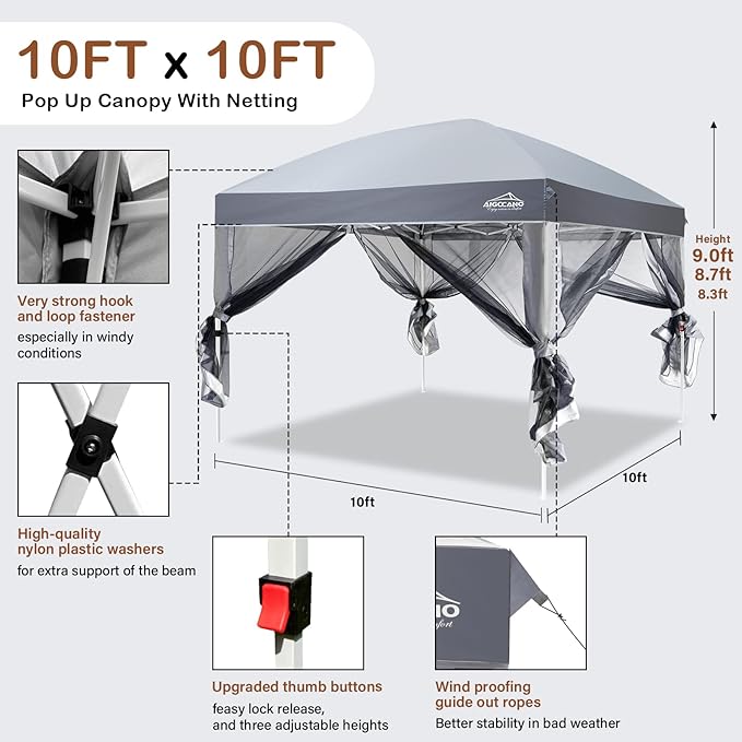 Canopy Tent with Netting Screen,10x10 Easy Pop Up Gazebo for Outdoor Parties,Camping,Foldable Patio Gazebo with Roller Bag and 4 Sandbags(Grey)