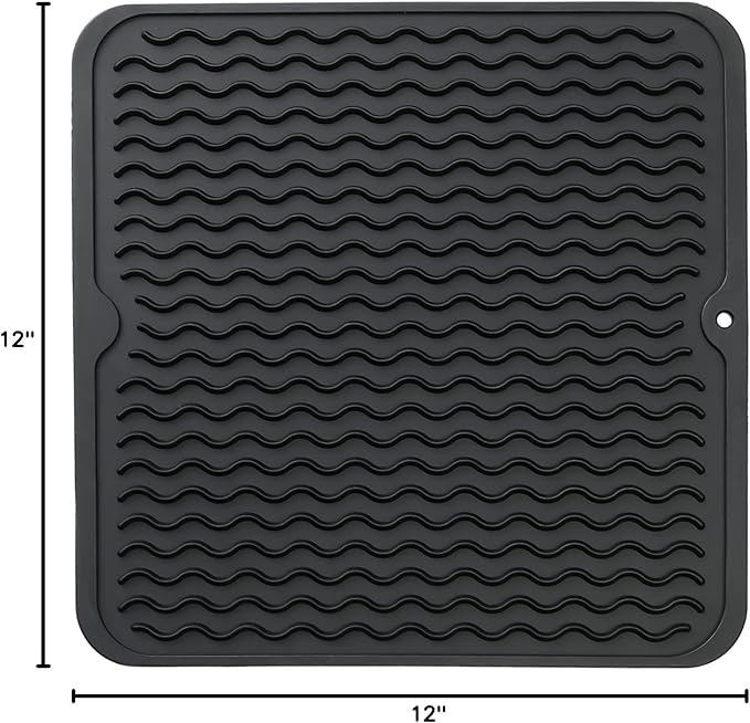 Silicone Dish Drying Mat for Multiple Usage,Easy clean,Eco-friendly,Heat-resistant Silicone Mat for Kitchen Counter or Sink,Refrigerator or Drawer liner Black M 12 inches x 12 inches
