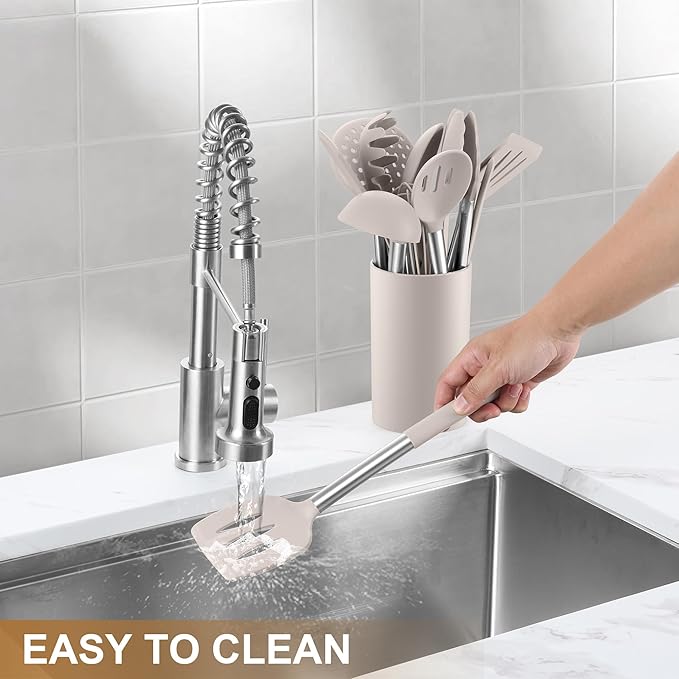 LIANYU 15 Pcs Kitchen Cooking Utensils Set with Holder, Silicone Kitchen Tools with Stainless Steel Handle, Heat Resistant Gadgets, Brush Spatula Spoon Whisk for Cookware, Dishwasher Safe, Khaki