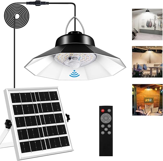 Aqonsie Solar Shed Light Indoor Outdoor Solar Pendant Daytime Work Lights with 3 Colors Temperature & 5 Lighting Modes+2 Timers, 1200LM Solar Motion Indoor Lights with Remote for Shed Gazebo Barn
