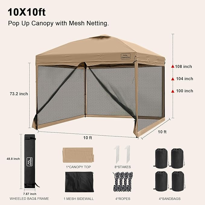 KAMPKEEPER 10x10 Pop Up Canopy with Mosquito Netting,Instant Outdoor Screen Tent Sun Shade for Events Patio Camping Picnic,Gazebo with 4 Sandbags,1 Wheeled Bag(Khaki)