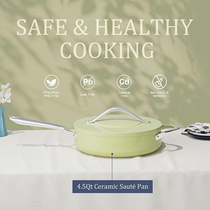 Nonstick Ceramic Sautรฉ Pan with Lid (4.5 qt, 11"), Deep Frying Pan for All Cooktops - Non Toxic, PTFE/PFAS Free, Dishwasher & Oven Safe up to 500ยฐF - with Stay Cool Handle - Avocado Green