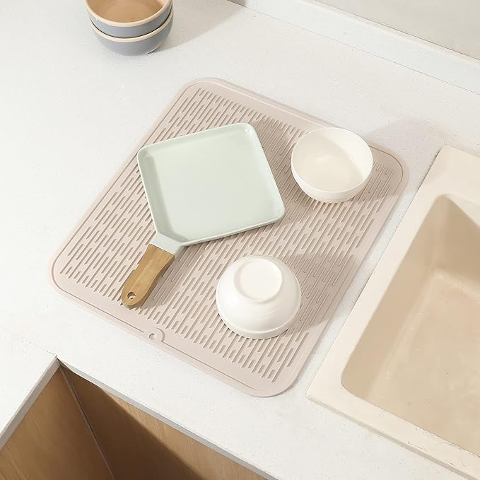 Silicone Dish Drying Mat for Multiple Usage,Easy clean,Eco-friendly,Heat-resistant Silicone Mat for Kitchen Counter or Sink,Refrigerator or Drawer Liner Tapioca XL 18 inches x 16 inches