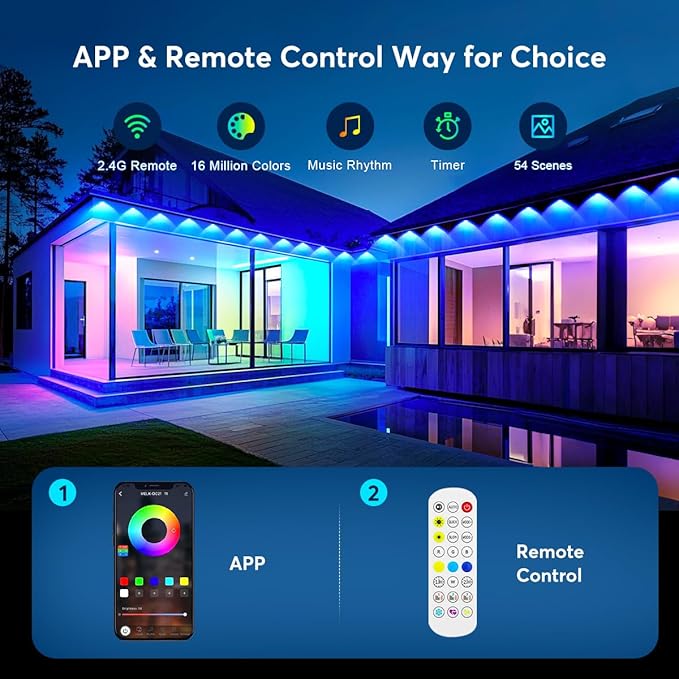 200ft Permanent Outdoor Lights for House, App & Remote Control, RGB Smart Eaves Lights IP68 Waterproof for Christmas, Holiday, Daily Decor, 100LEDs