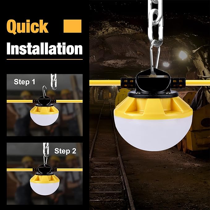 100FT Construction String Lights, IP65 Waterproof ETL Certified LED String Work Lights, 5000K Daylight 18AWG Wire Linkable Temporary Construction Lighting for Jobsite with 10 Bulbs & Hooks