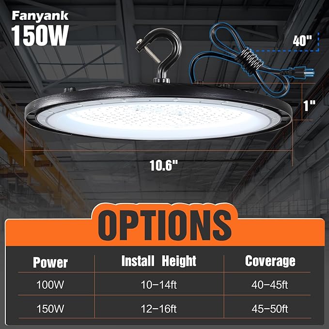 150W LED High Bay Lights with US Plug, 21000LM High Bay LED Shop Light, 5000K Daylight, IP65 Waterproof, UFO Commercial Warehouse Workshop Factory Barn Garage Lighting 4 Pack