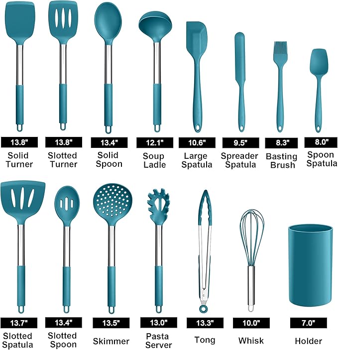 LIANYU 15-Piece Kitchen Cooking Utensils Set with Holder, Silicone Kitchen Tools Stainless Steel Handle, Slotted Spatula Spoon Turner Tong Whisk Brush for Cooking, Dark Blue