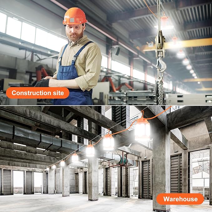 100ft Construction String Lights, 300W LED Industrial Grade 30000LM Super Bright Work String Lights for Construction Sites, Temporary Work, Job site, Indoor and Outdoor Lighting (100ft)