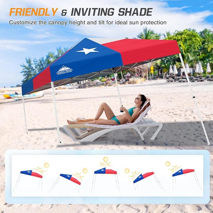 EAGLE PEAK 10x10 Slant Leg Pop-up Canopy Tent Easy One Person Setup Instant Outdoor Beach Canopy Folding Portable Sports Shelter 10x10 Base 8x8 Top (Texas Flag)