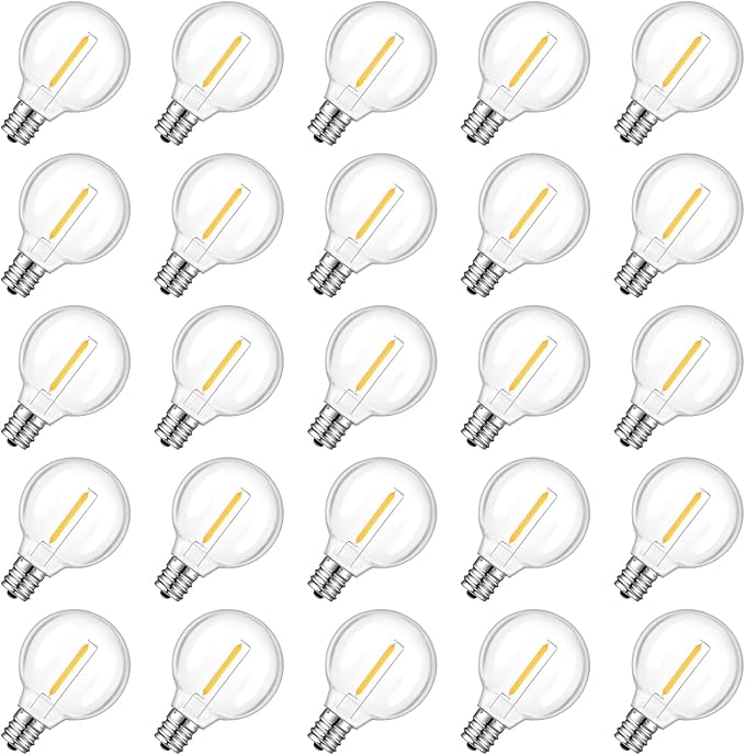 G40 LED Replacement Light Bulbs 24+1 Pack, E12 Screw Base Waterproof Globe Bulbs Light for Indoor Outdoor String Lights, Patio Cafe Decor, Dimmable, Warm White, Not Solar