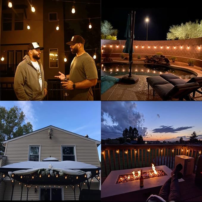 𝟰𝟴𝑭𝑻 LED Outdoor String Lights with 𝟮𝟰 Weatherproof Shatterproof Edison Style 𝑳𝑬𝑫 𝑩𝒖𝒍𝒃𝒔(2 𝑺𝒑𝒂𝒓𝒆),Commercial Grade Waterproof Hanging Lights for Backyard Porch Balcony Party
