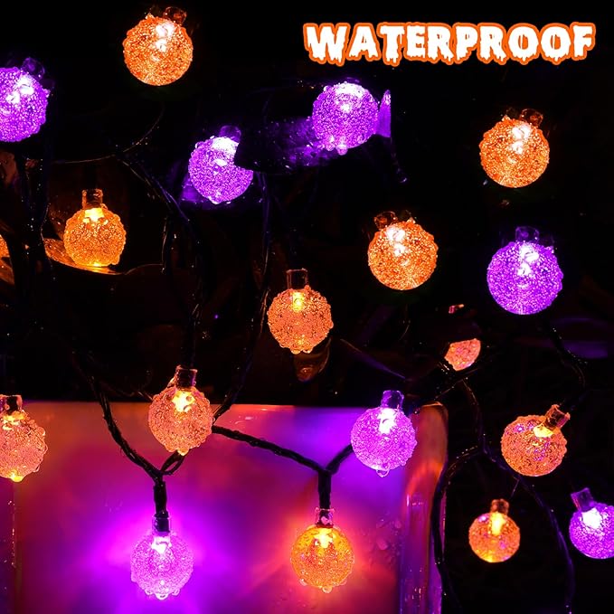 Joomer Orange Purple Halloween Solar Lights - 72FT 100LED Solar String Lights Outdoor, Waterproof Crystal Globe Lights with 8 Modes for Patio, Garden, Halloween Decor