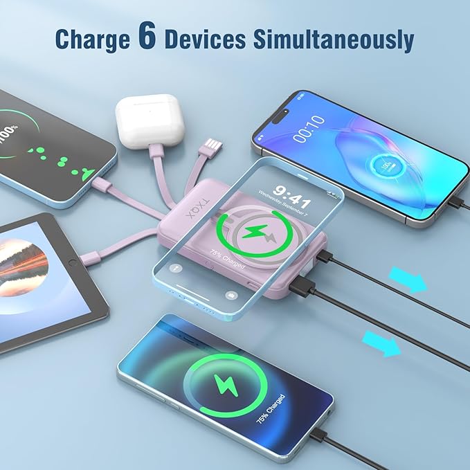 Wireless Portable Charger 10000mAh,Magnetic Power Bank with Built-in Cables LED Display,22.5W PD Fast Charging for Magsafe Battery Pack Compatible with iPhone16/15/14/13/12/Pro/Pro Max(Purple)