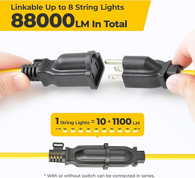 100ft Construction String Lights: 3 Prong 100w 11000lm ETL Certified Bright Industrial Outdoor Temporary Lighting Led Hanging IP65 Waterproof 18AWG Wire Work Light for Attic Jobsite Garage