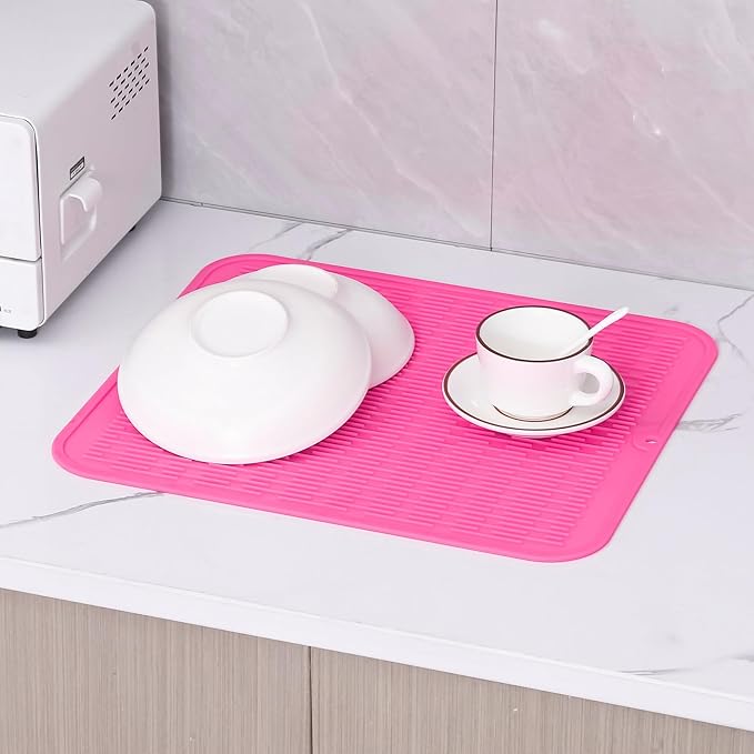 Silicone Dish Drying Mat for Multiple Usage,Easy clean,Eco-friendly,Heat-resistant Silicone Mat for Kitchen Counter or Sink,Refrigerator or Drawer Liner Rose XL 18 inches x 16 inches