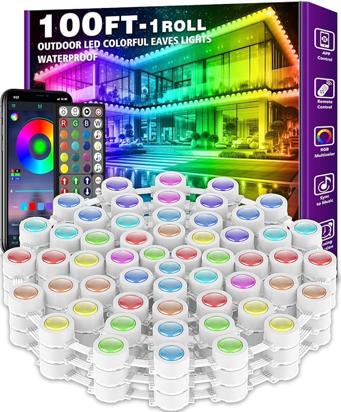 100FT Permanent Outdoor RGB Lights - IP67 Waterproof with Smart App Control Remote, DIY Scene Modes, Music Synchronization, Eaves Lights For Garden Decor, Deck, Christmas, Party, Party, Halloween,Roof