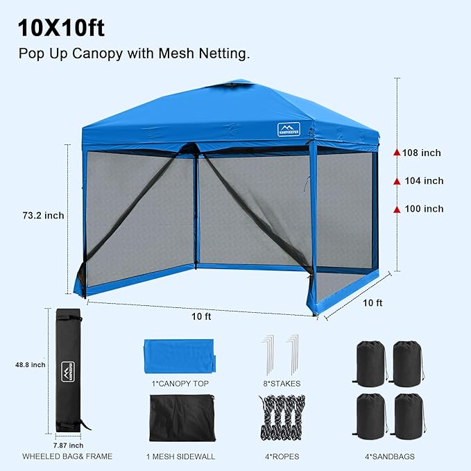 KAMPKEEPER 10x10 Pop Up Canopy with Mosquito Netting,Instant Outdoor Screen Tent Sun Shade for Events Patio Camping Picnic,Gazebo with 4 Sandbags,1 Wheeled Bag(Light Blue)