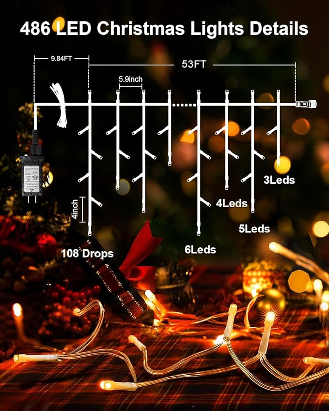 2 Pack 53FT 486 LED Christmas Lights Outdoor, Plug in Waterproof Christmas Lights for Outside, Timer & Memory, 8 Modes Hanging Fairy Light for House Eaves Yard Patio Wedding Decorations, Warm White