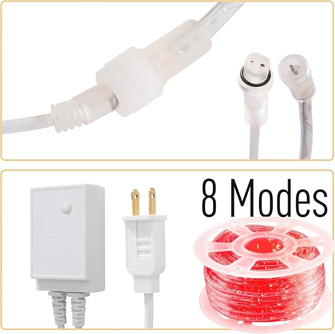 Waterproof LED Rope Lights, Connectable & Flexible with 8 Modes, Outdoor Lighting for Deck, Garden, Pool, Patio & Christmas Decor (RED, 100FT)