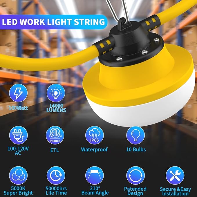 Construction String Lights 100FT with 10 Bulbs 100W 14000Lm Industrial LED String Work Lights 5000K Super Bright Temporary Lighting,for Construction Sites,Renovation, Jobsite,and All Outdoor Lighting