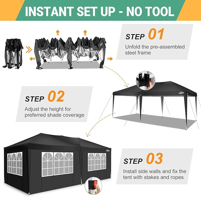 COBIZI Canopy 10x20 Pop Up Canopy Tent with 6 Sidewalls Easy Pop Up Tent 10x20 Waterproof Commercial Instant Shelter UPF 50+ Portable Gazebo Wedding Tents for Parties Car Port Vender Events(Black