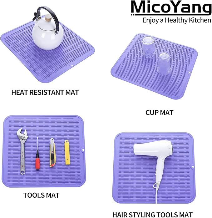 Silicone Dish Drying Mat for Multiple Usage,Easy clean,Eco-friendly,Heat-resistant Silicone Mat for Kitchen Counter or Sink,Refrigerator or Drawer Liner Light Purple 2XL 24 inches x 18 inches