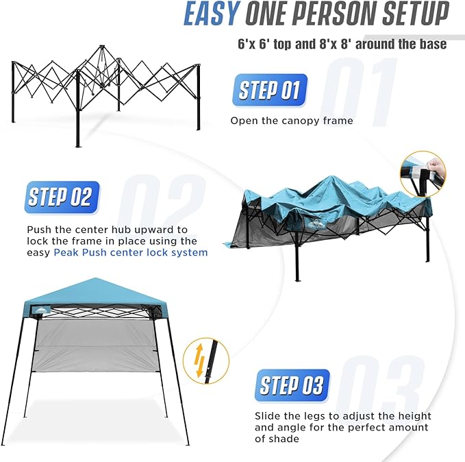 EAGLE PEAK 8x8 Pop Up Canopy Tent with Sidewall, Compact, Portable Slant Leg Instant Sun Shelter for Beach, Sports, & Camping, 8x8 Base 6x6 Top, Light Blue