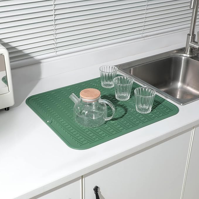 Silicone Dish Drying Mat for Multiple Usage,Easy clean,Eco-friendly,Heat-resistant Silicone Mat for Kitchen Counter or Sink,Refrigerator or Drawer Liner Green 2XL 24 inches x 18 inches