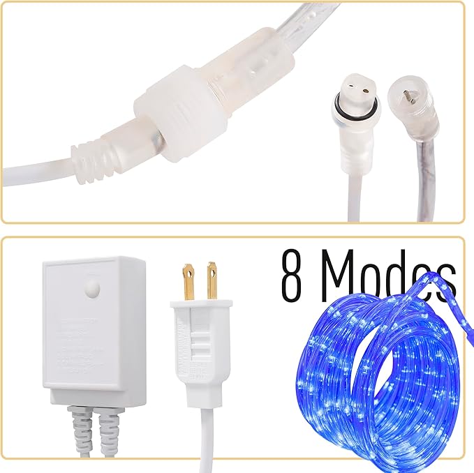 Waterproof LED Rope Lights, Connectable & Flexible with 8 Modes, Outdoor Lighting for Deck, Garden, Pool, Patio & Christmas Decor (Blue, 50ft)