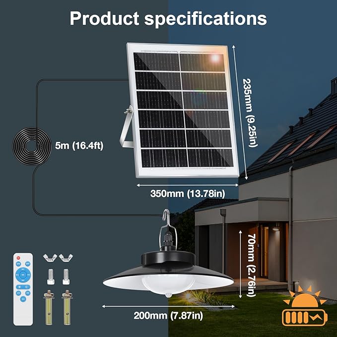 Solar Pendant Lights Outdoor,Solar Shed Light Dimmable with Motion Sensor,Solar Powered Lights with Upgrade 5 Lighting Modes & Remote Control for Shed,Patio,Barn,Garage,Chicken Coop