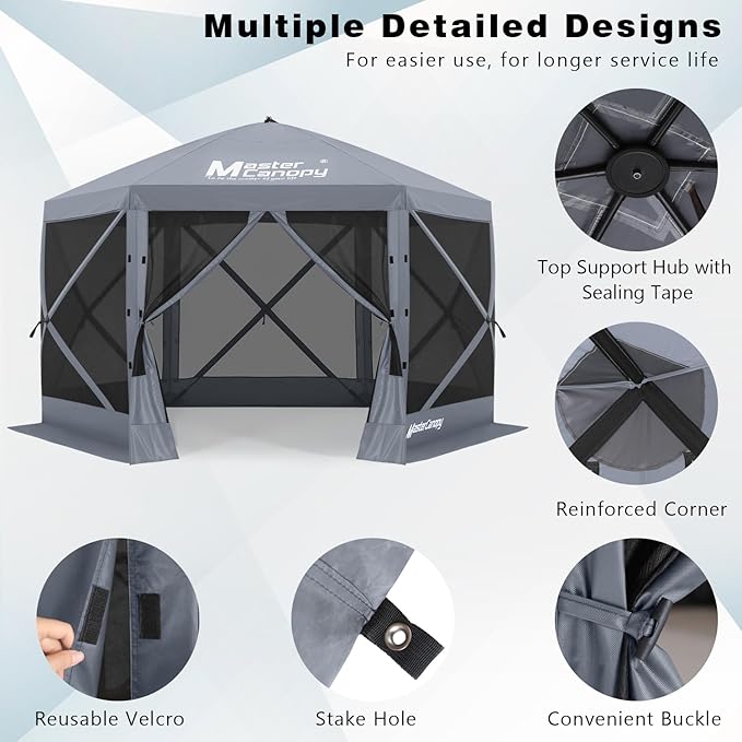 MASTERCANOPY 10x10FT Pop Up Gazebo Screen Tent - Instant Screen House with Netting, Quick Set, Outdoor Canopy Shelter with Carry Bag for Camping, Backyard & Patio (Gray)