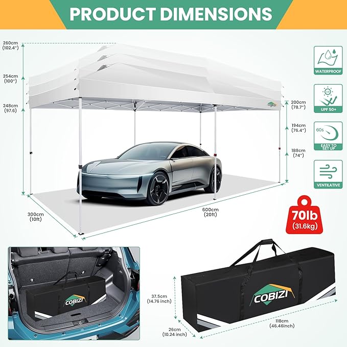 COBIZI 10x20 Pop Up Canopy Tent with 6 Removable Sidewalls,Waterproof & UV 50+ Easy Up Canopy,Commercial Gazebo with Air Vent,4 Sand Bags,4 Stakes & 8 Ropes,Tents for Parties/Camping/Backyard,White