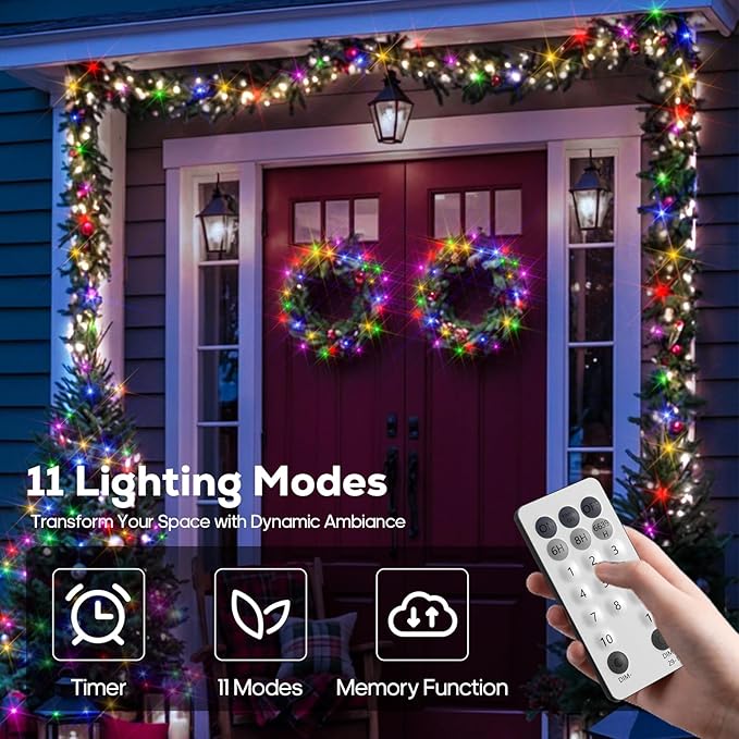 128FT 300 LED Christmas String Lights, Color Changing String Lights, Outdoor Waterproof Twinkle Lights, 11 Lighting Modes, Timing, Christmas Decoration-Multicolor to Warm White