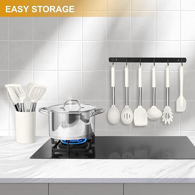 LIANYU 15 Pcs Cooking Kitchen Utensils Set with Holder, Silicone Kitchen Gadgets with Stainless Steel Handle, Heat Resistant Spatula Tools, Brush Spoon Tong Whisk Ladle Turner for Cookware, White