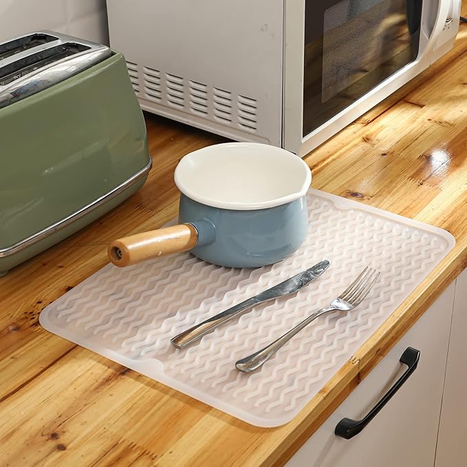 Silicone Dish Drying Mat for Multiple Usage,Easy clean,Eco-friendly,Heat-resistant Silicone Mat for Kitchen Counter or Sink,Refrigerator or drawer liner Translucent L 16 inches x 12 inches
