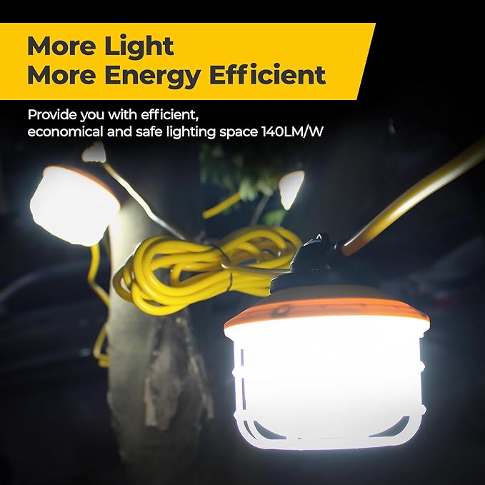 Outdoor Construction LED String Lights with Switch: 3 Prong 100FT 150w 21000lm ETL Certified Bright Industrial Temporary Lighting Hanging IP65 Waterproof Work Light for Attic Jobsite Garage